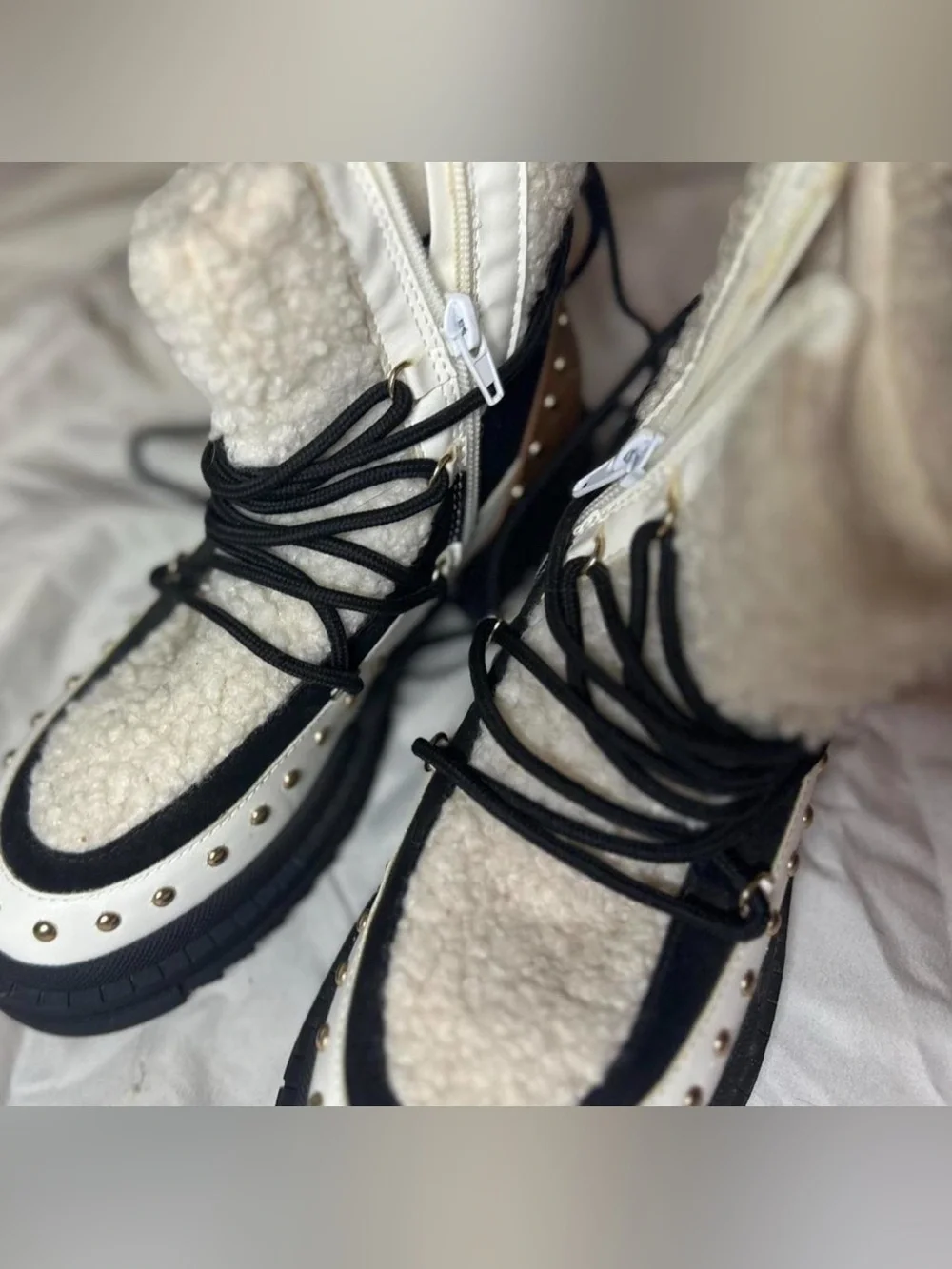 Princess Polly Cream Sherpa Lace-Up Combat Boots with Black & Brown Accents